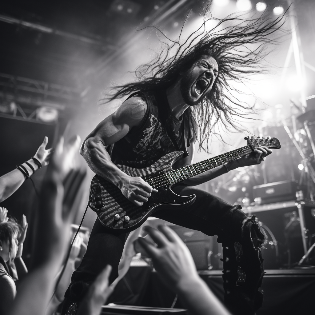 Bass player performing intense metal music on stage