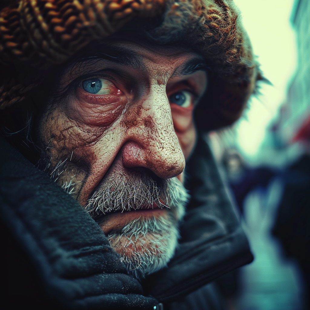 Depressed man with dirty nose pores in crowded sidewalk