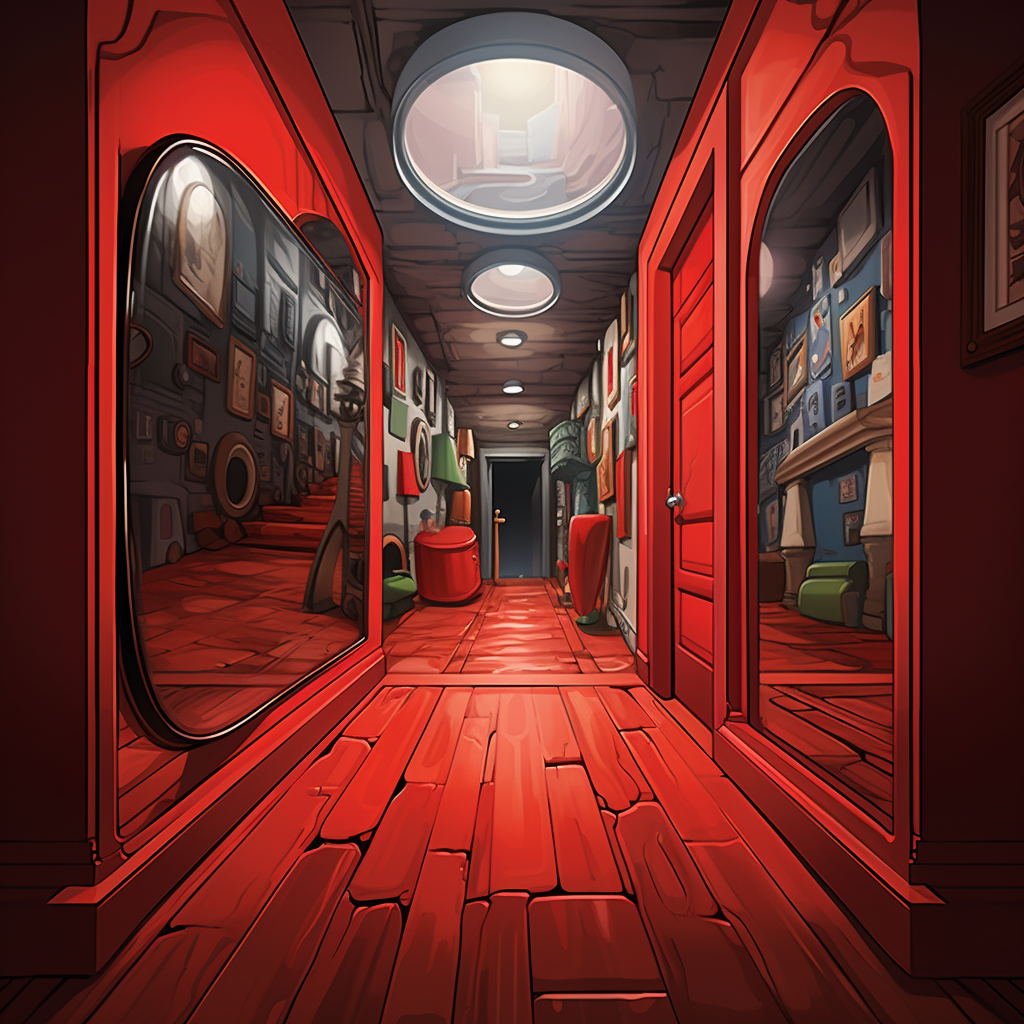 Reflection of eye in hallway with red door