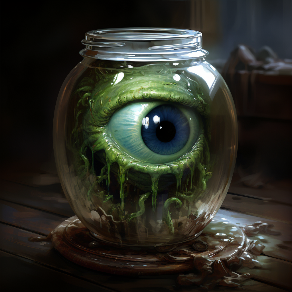 Eyeball floating in slime jar