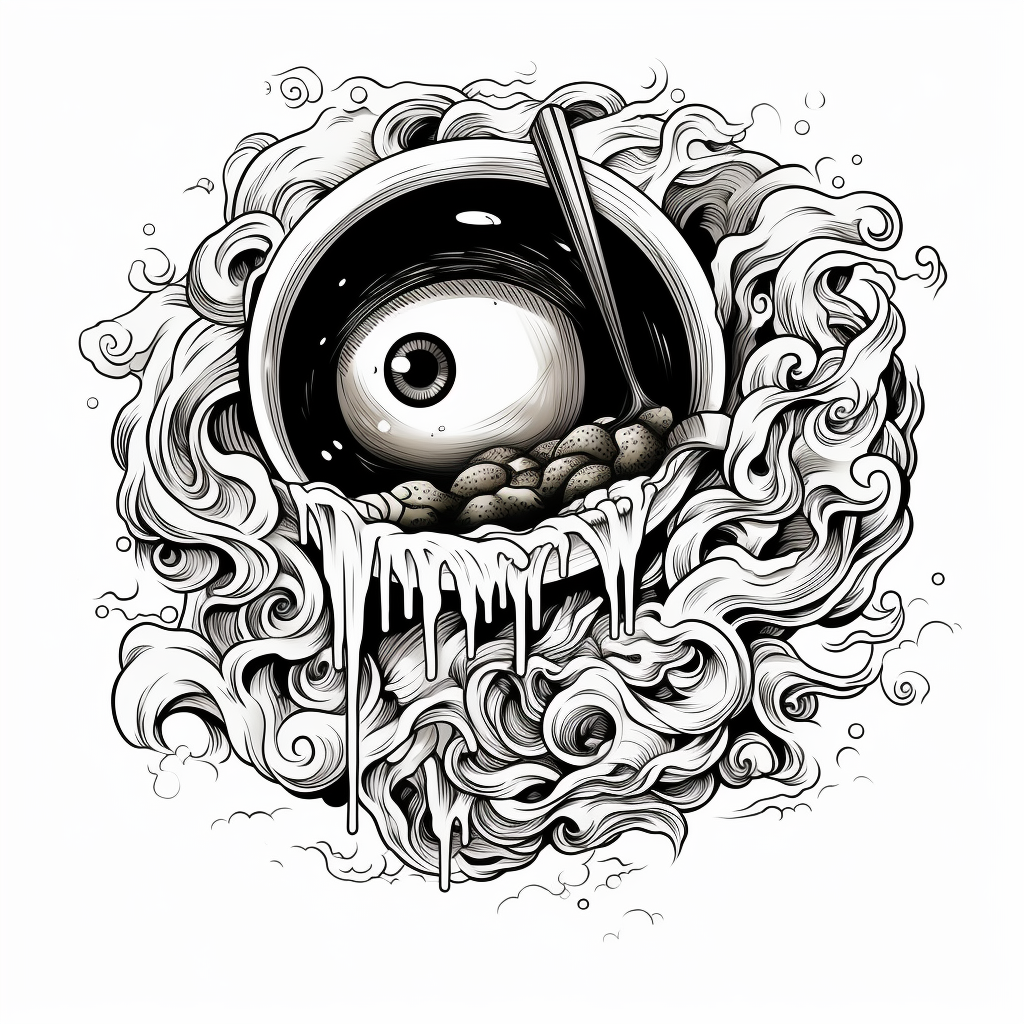 Spooky eyeball ramen ink illustration