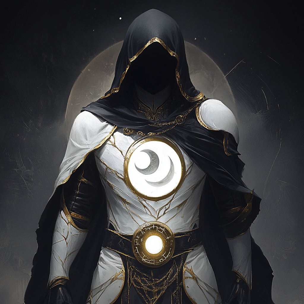 eyes glowing, golden hair, white armor, moon phases, cloak.