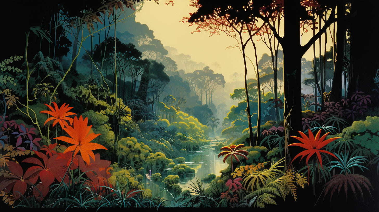 Colorful rainforest jungle by Eyvind Earle