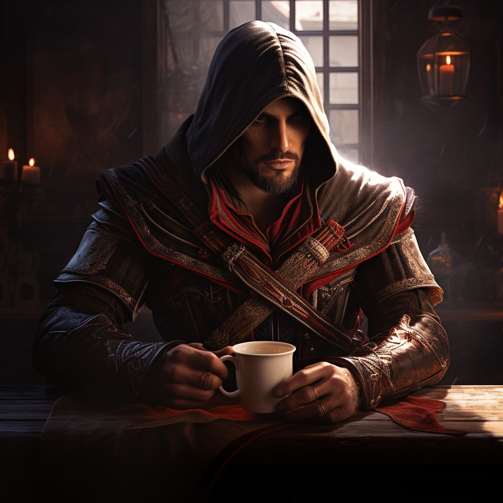 Ezio Auditore drinking coffee