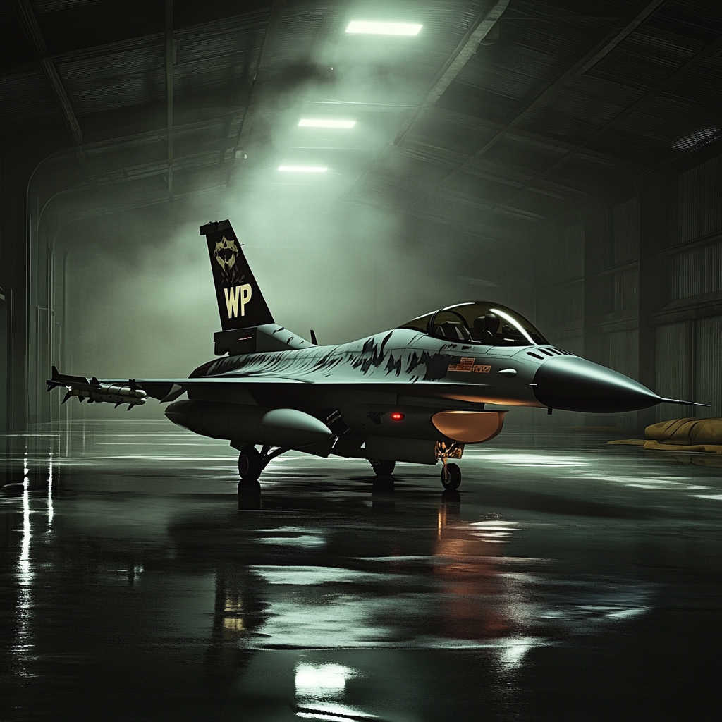 F16 fighter jet with demonic wolf paint