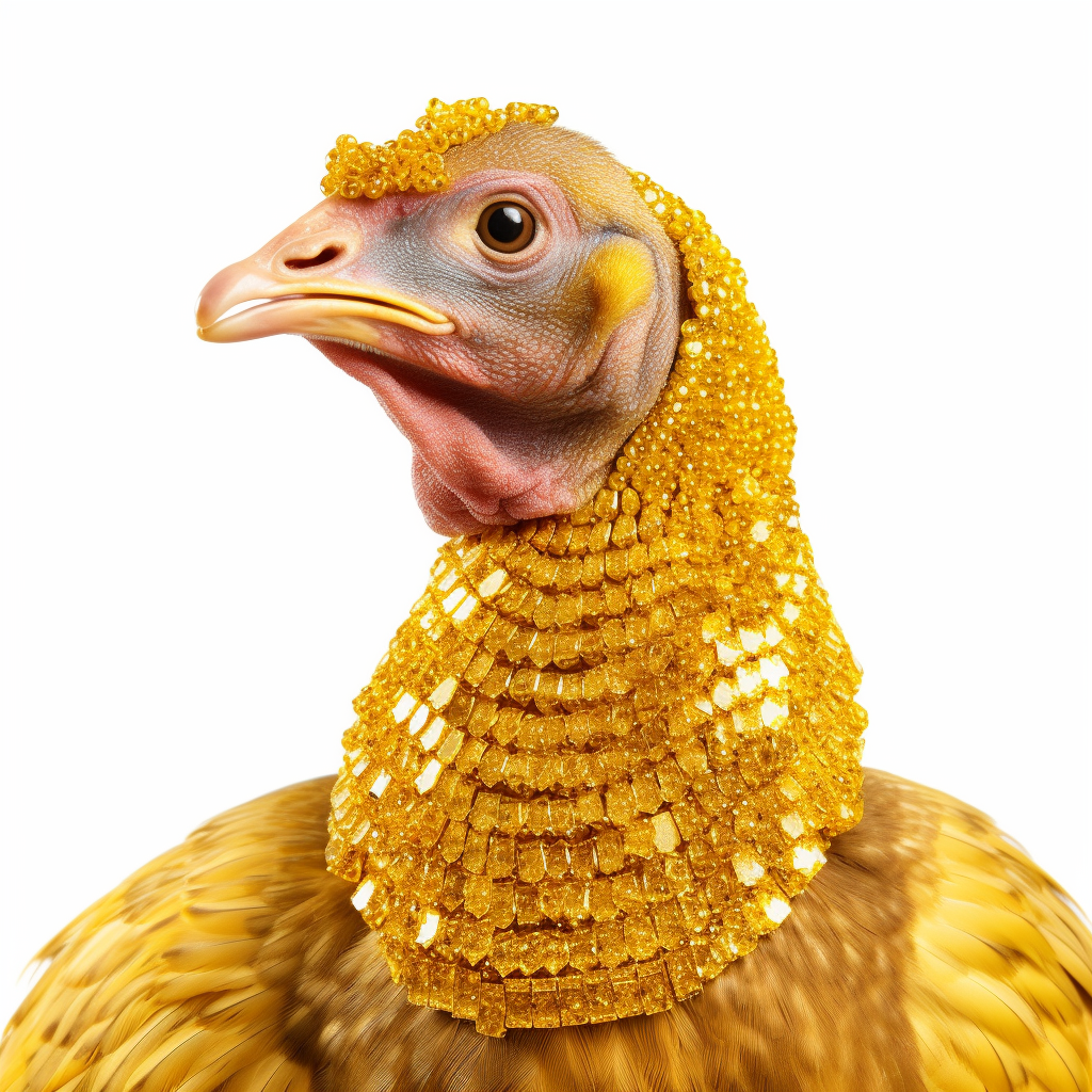 Turkey wearing gold necklaces on white background