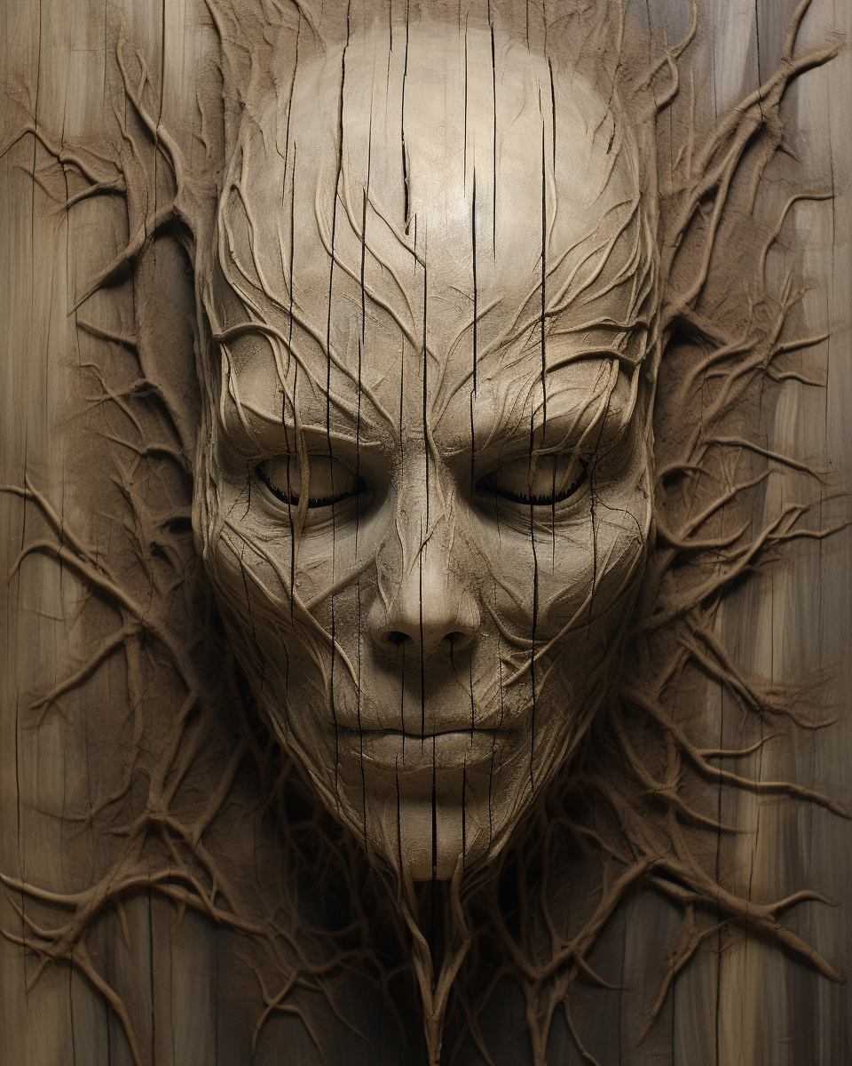 Artwork featuring a ghoul face and parallel wood lines