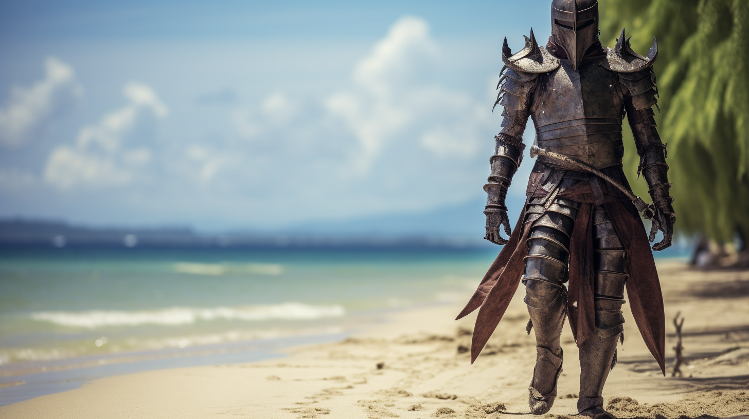 Faceless Earthworm in Medieval Armor on Tropical Beach