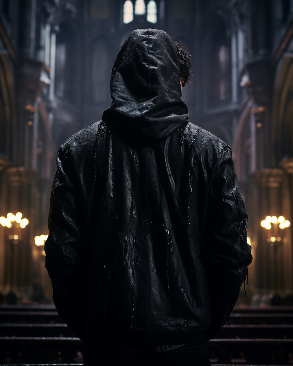 Young man in dior jacket in gothic church