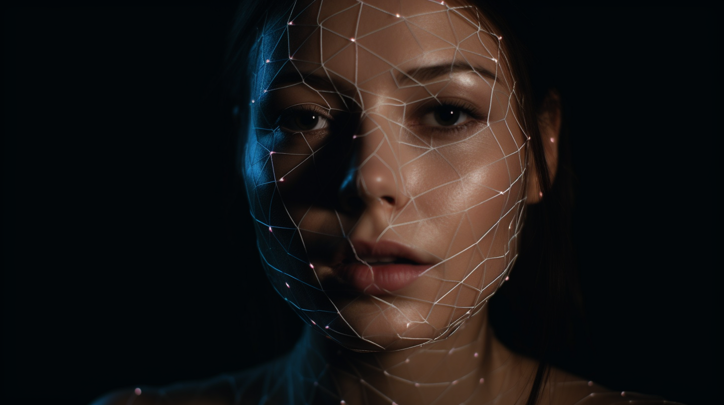 Close-up Portrait with Futuristic Facial Recognition Mesh Lines