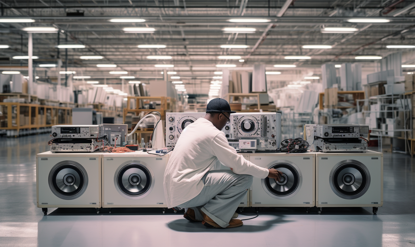 DJ entertaining workers on factory floor