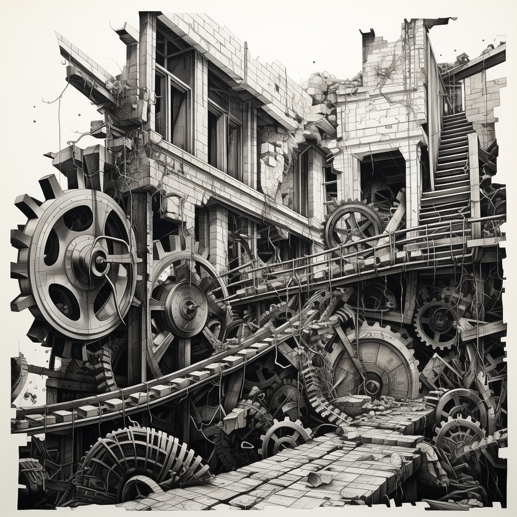 Black and white drawing of factory gears breaking  ?