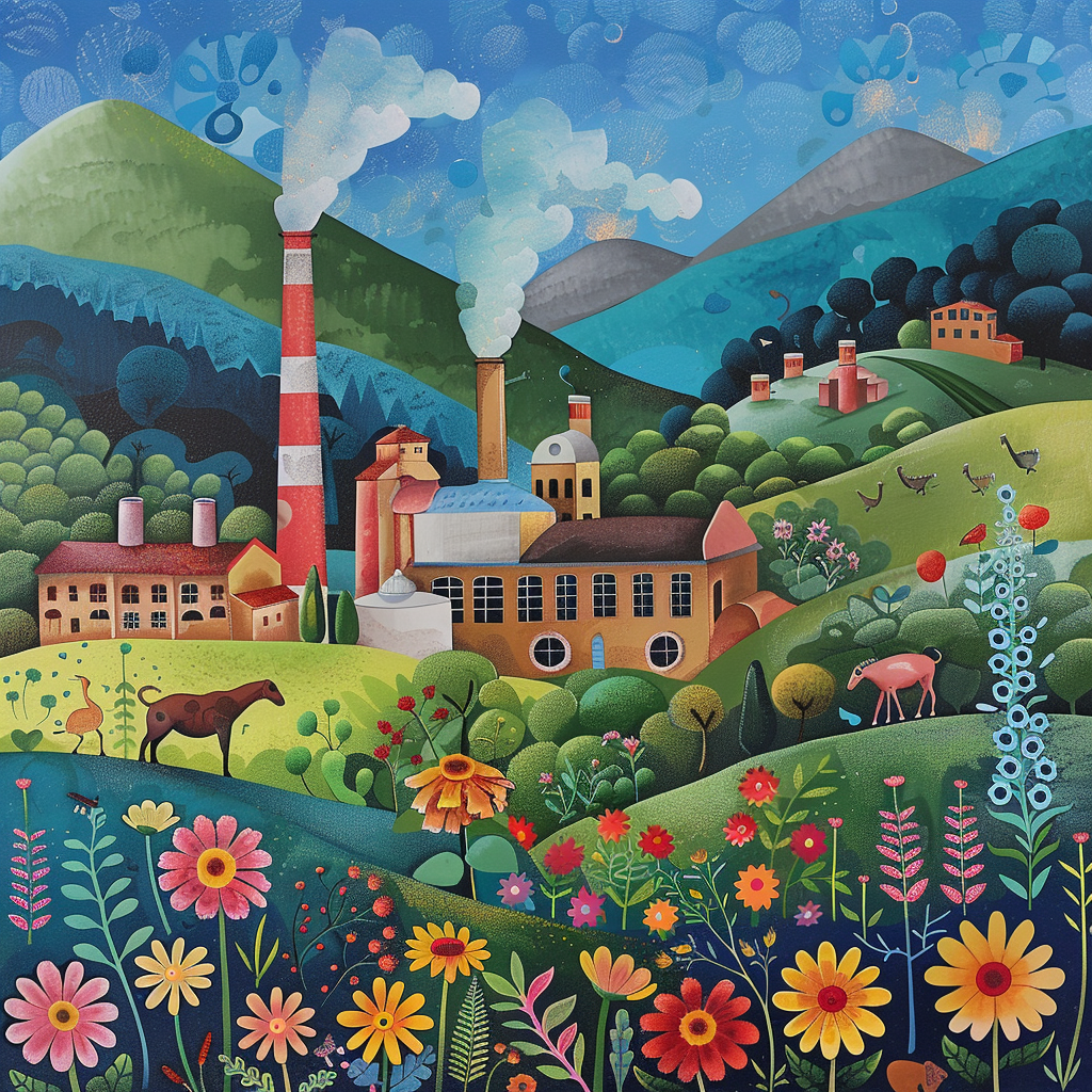 factory in green field with flowers