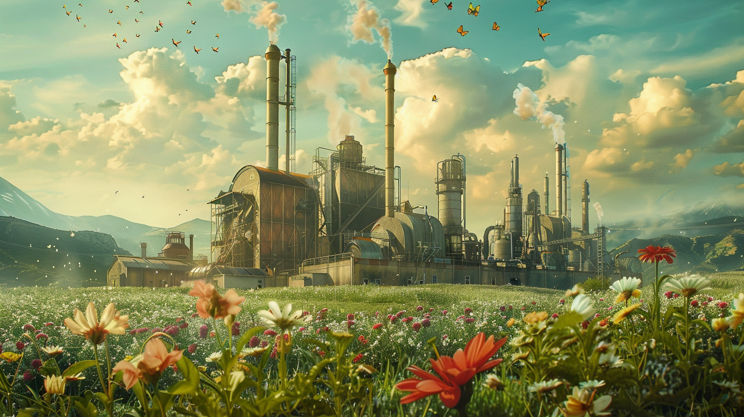 Factory in Green Field Flowers