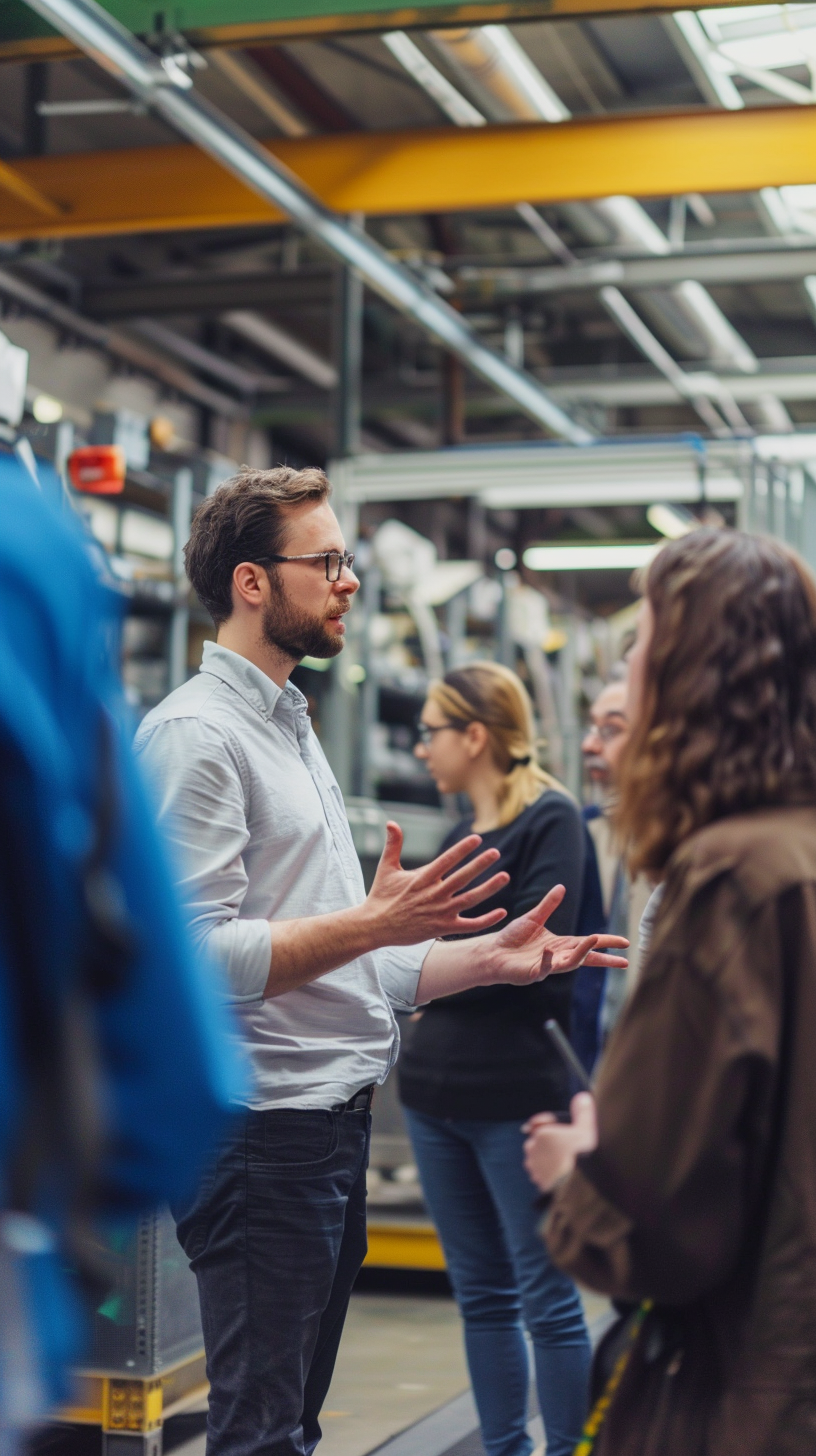 workers explaining factory setup