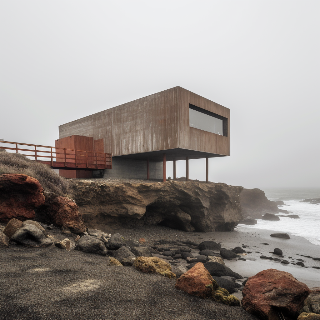 Architectural image of factory pavilion on Pichilemu coastline