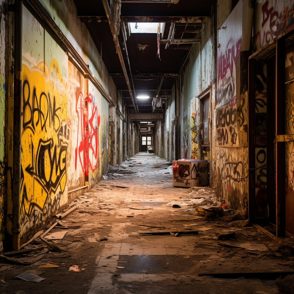 Faded advertising posters in factory corridor