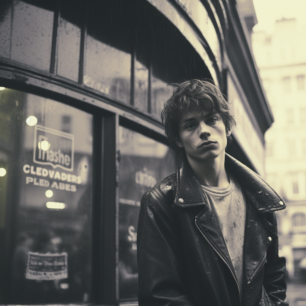 Disenfranchised Teenager outside British Pub in Rain