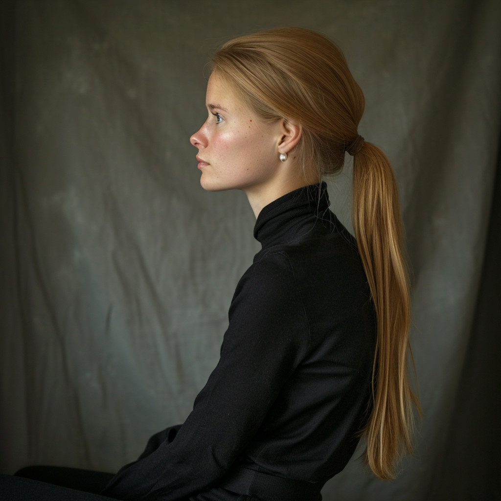 Closeup Portrait of Fair Haired German Woman with Pearl Earring - Side View