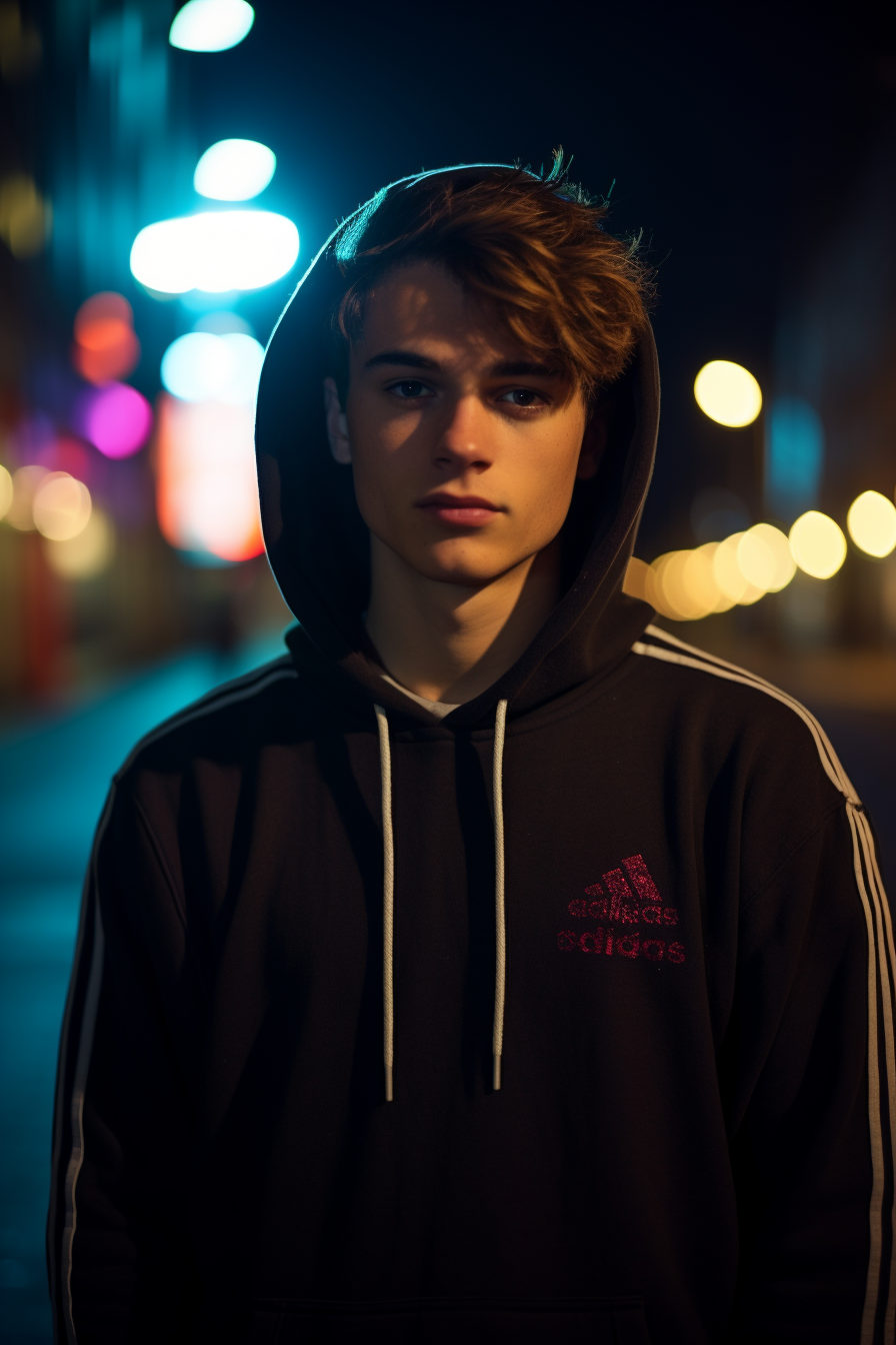 Stylish fair-haired teen in black adidas hoodie