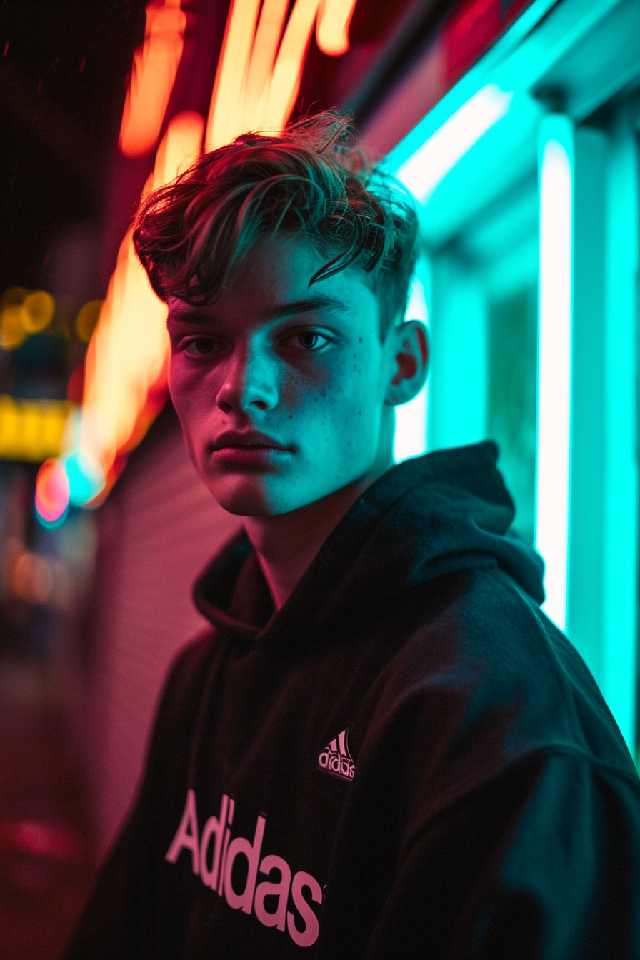 Stylish fair-haired teenaged man in adidas hoodie