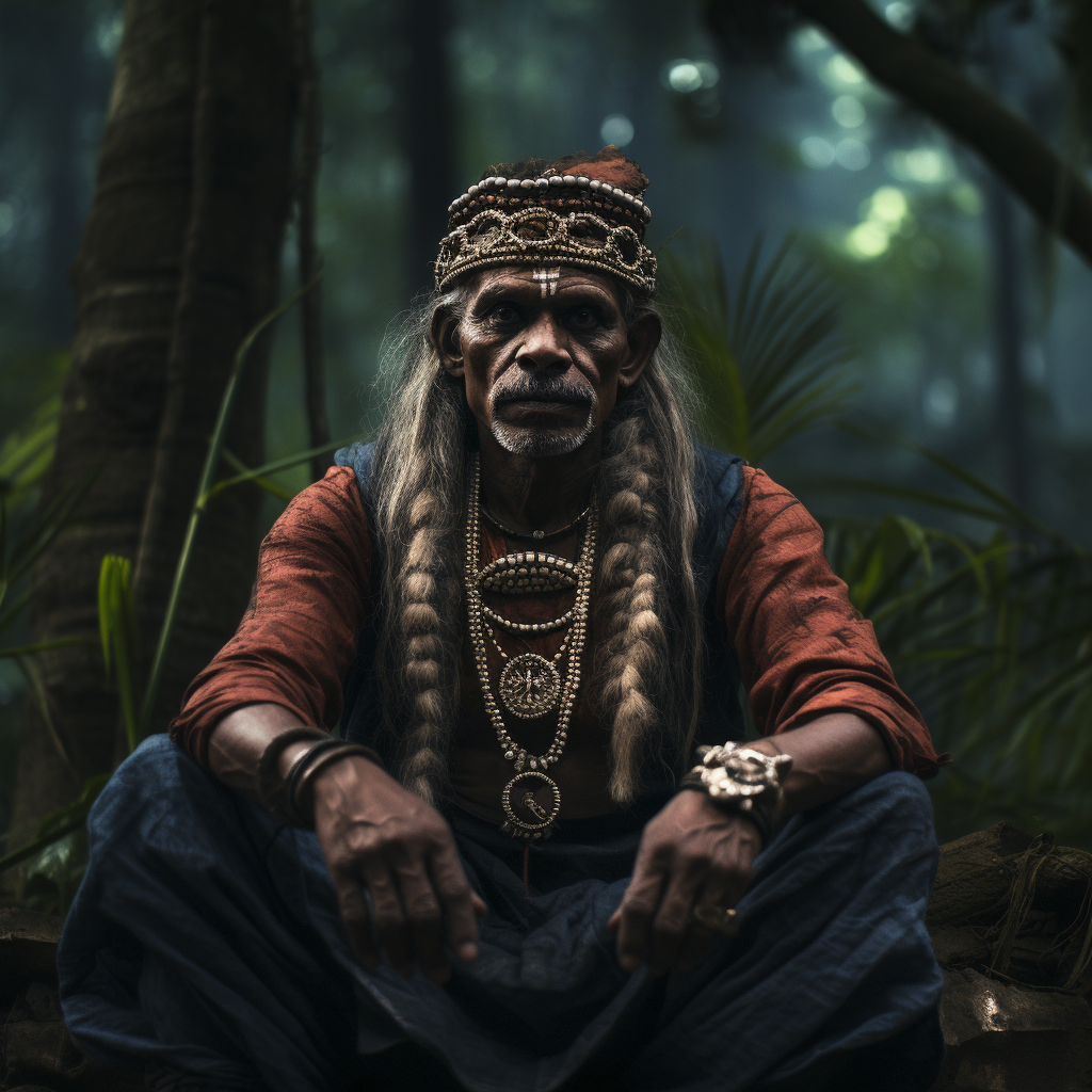 Mysterious fair muscular Hindu Indian priest in jungle