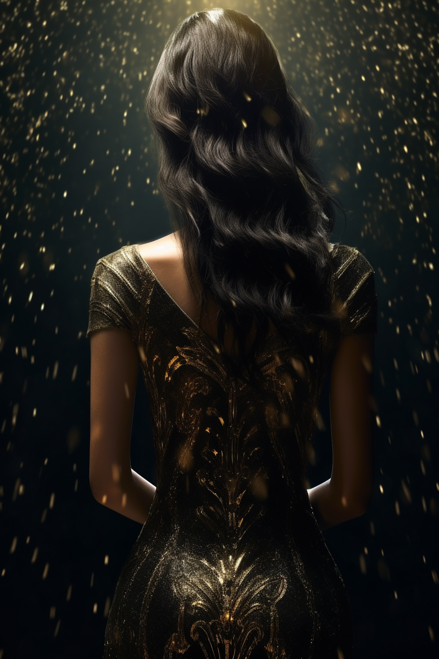 Beautiful woman in gold dress on dark background