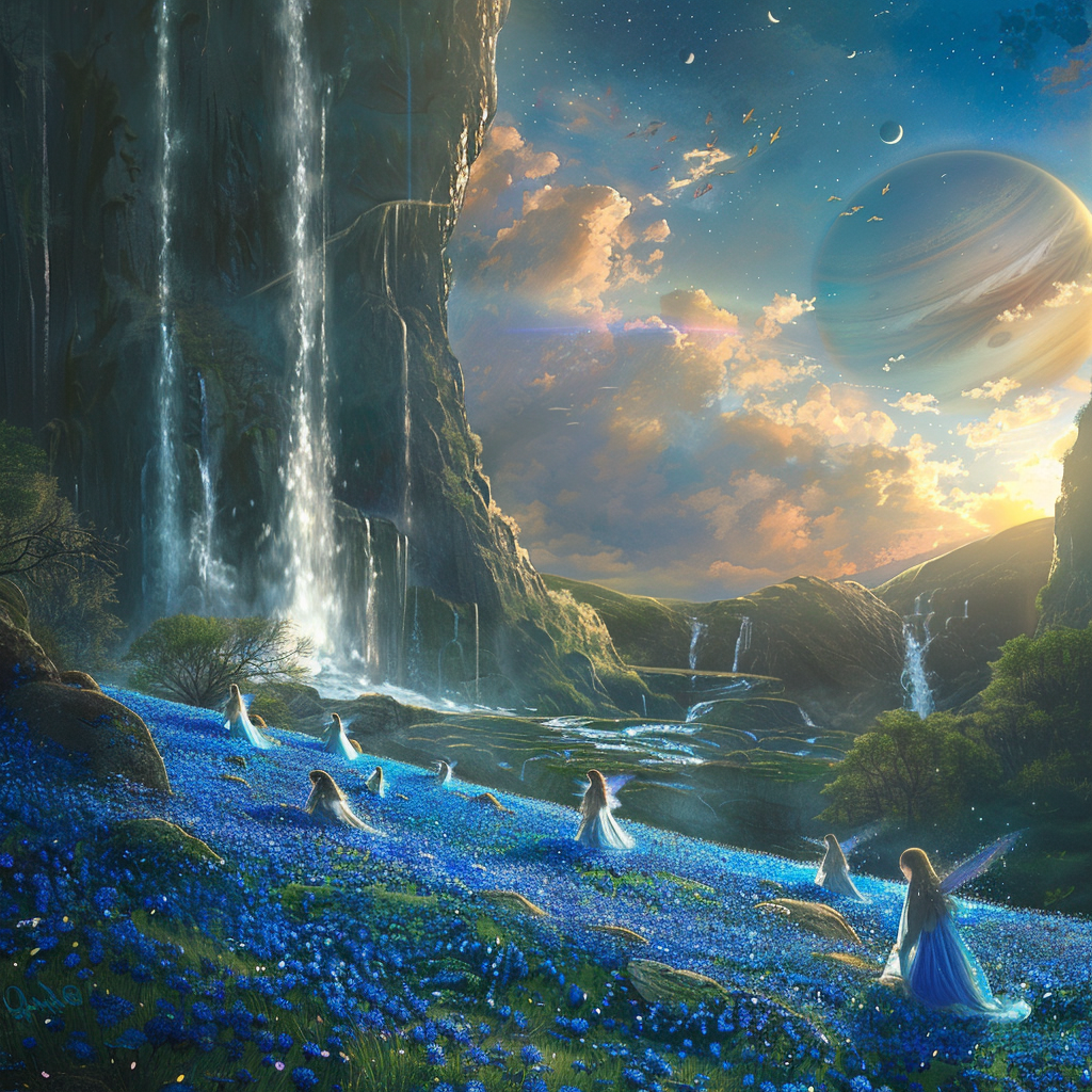 Fairies in blue flower field