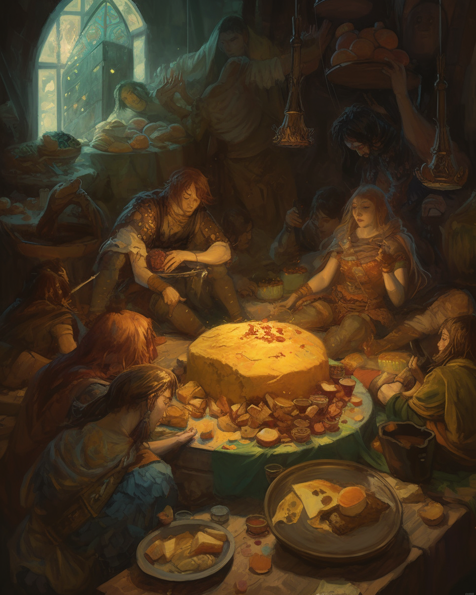 Fairies peacefully enjoying a cheese feast