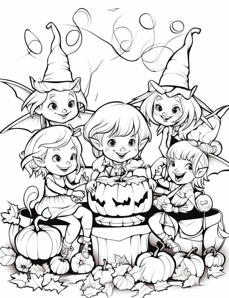 Black and white outline of fairies at Halloween party