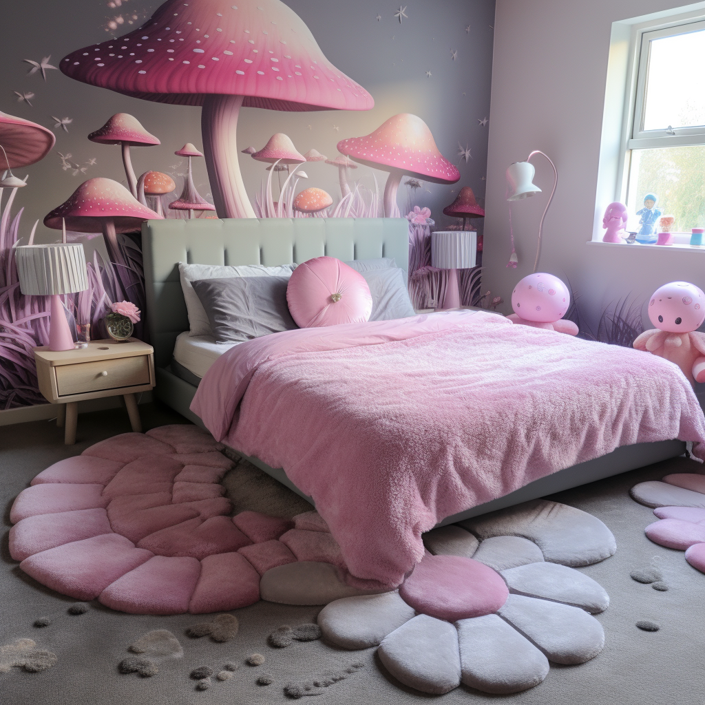 Beautiful pink fairy bedroom with mushroom accents  (max 6 words)