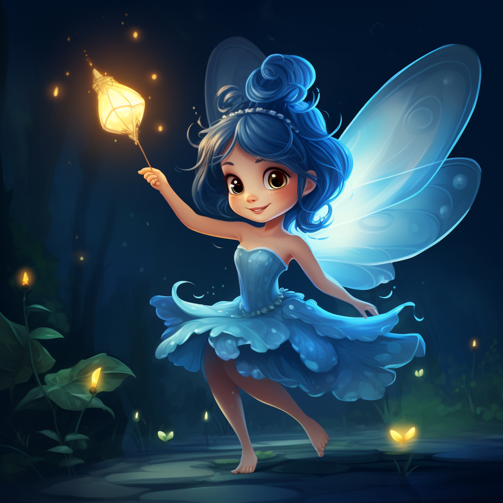 Cute fairy with blue hair catching glowing butterfly