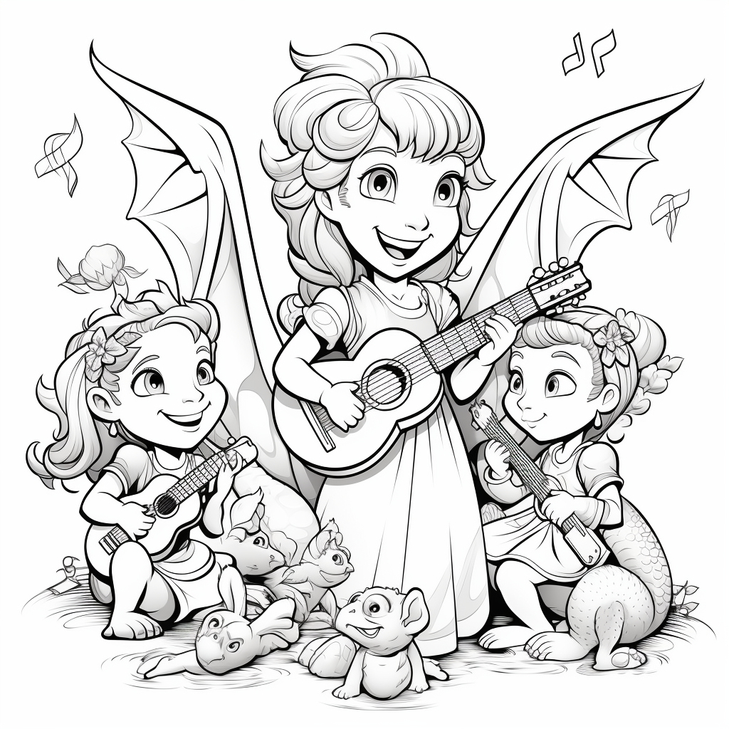 Cartoon fairies and dragons having fun