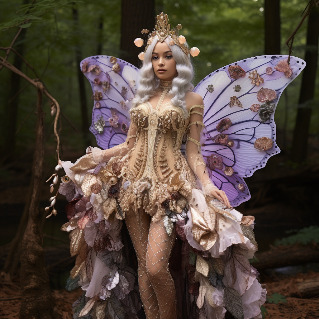 Fairy dress with mushrooms, pearls, and purple wings