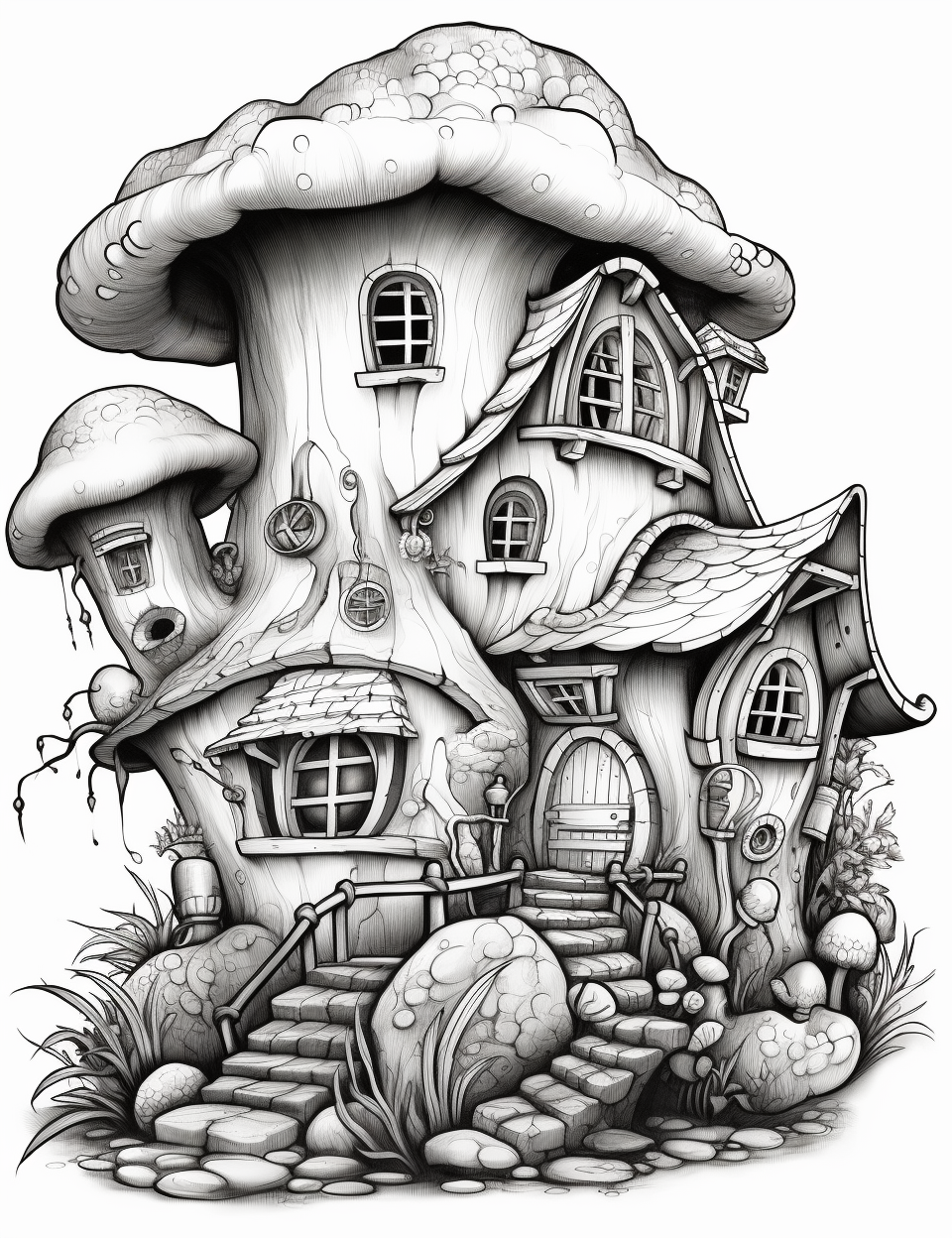 Coloring page of fantasy fairy homes