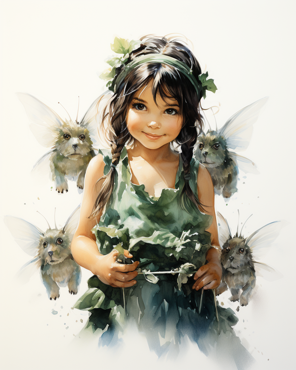 Adorable fairy riding humming birds on whimsical background