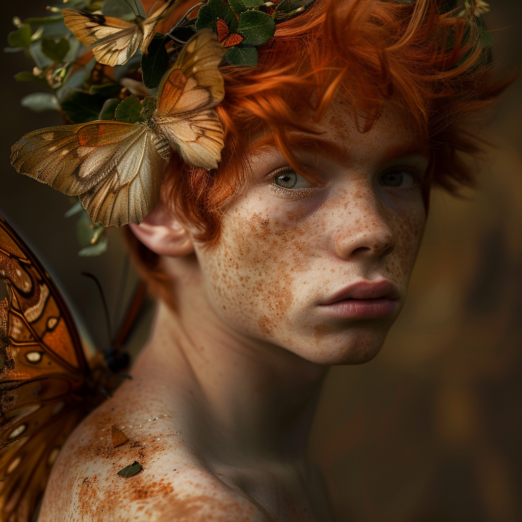 Young man fairy with unique red hair