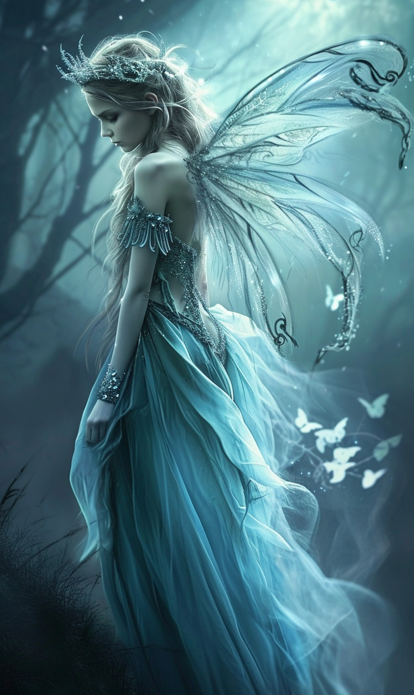 Fairy in blue dress with spiral decorations