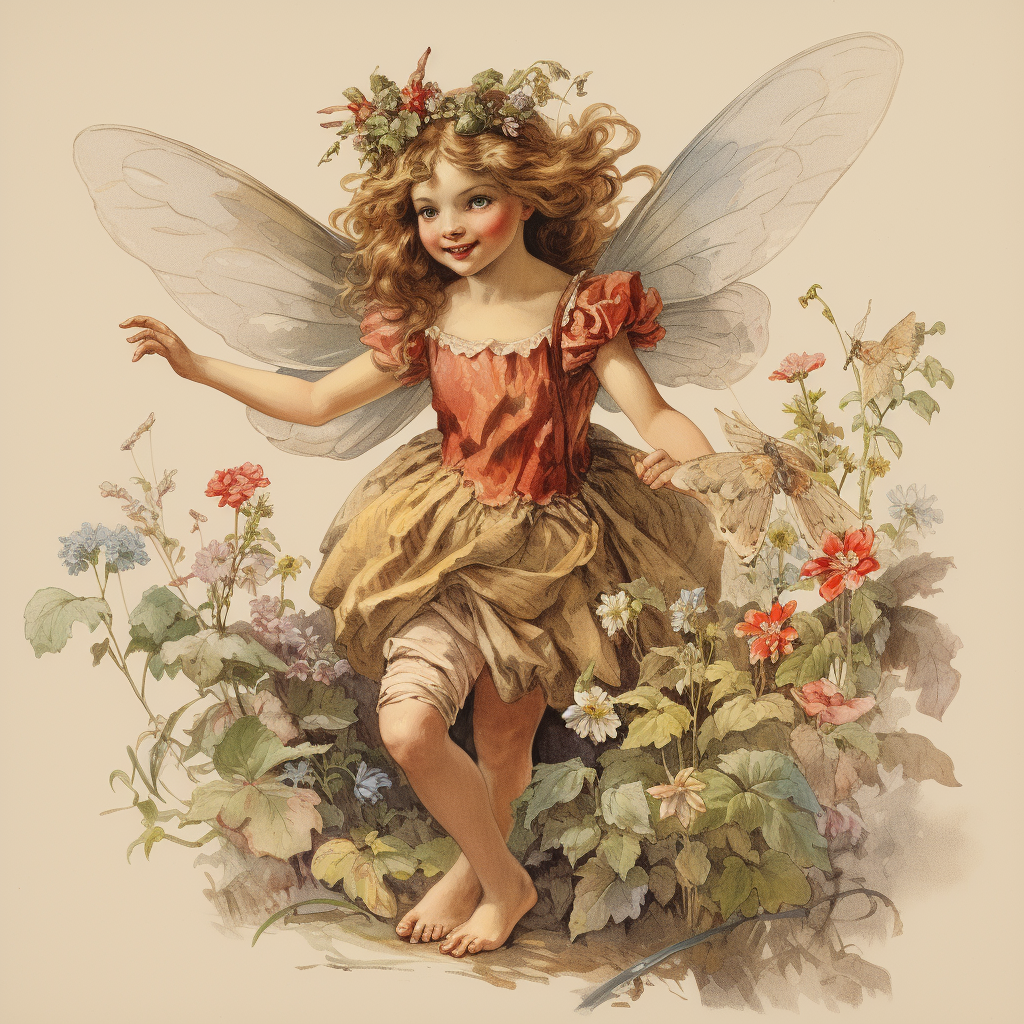 Playful fairy surrounded by blooming flowers