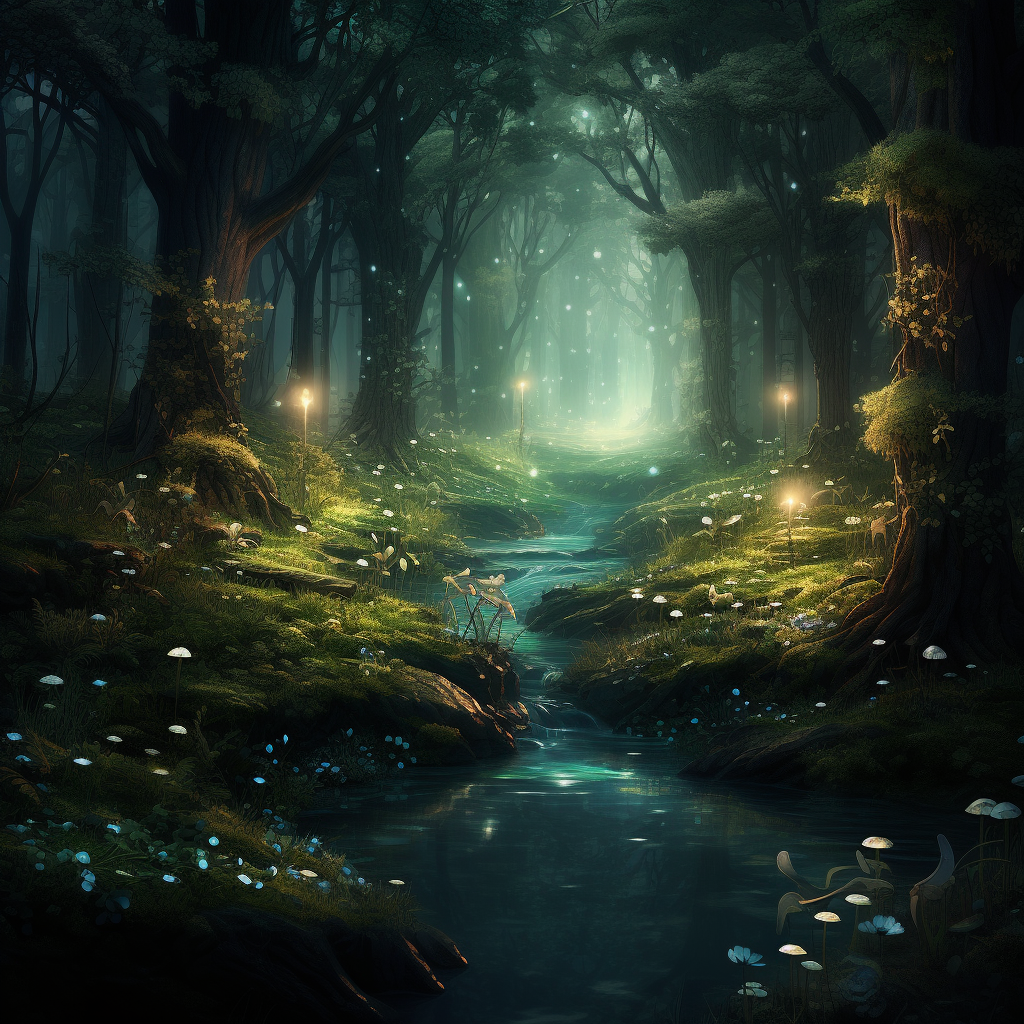 Serene fairy forest with dark tones