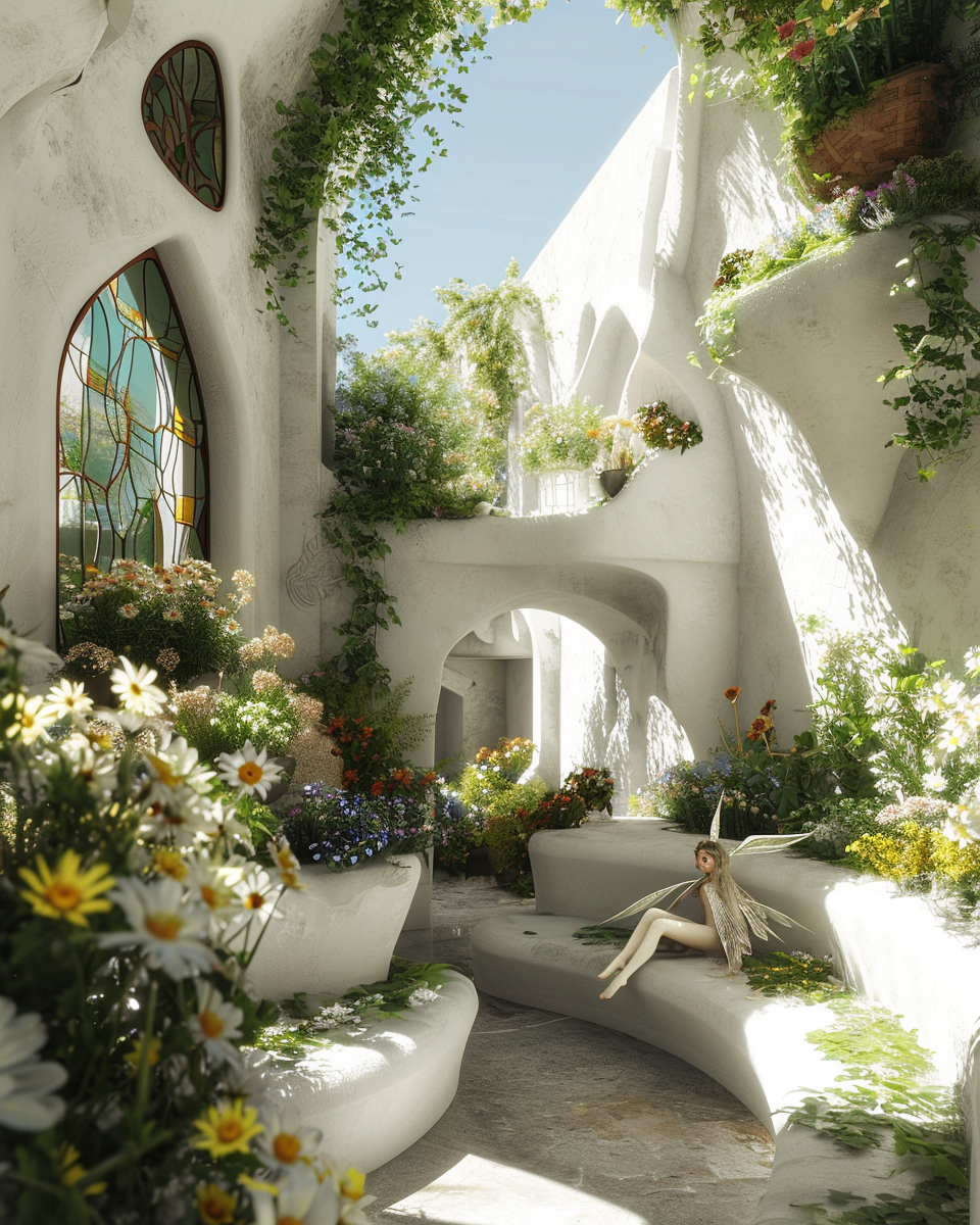 Serene fairy in a Gaudí-inspired garden