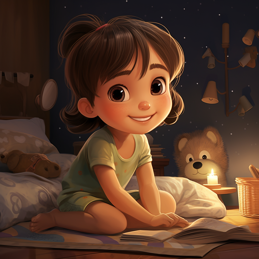 Smiling girl looking at stars in fairytale bedroom