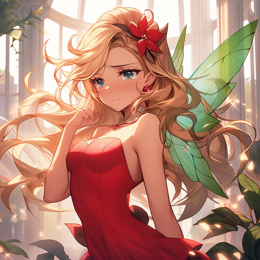 Blonde Fairy with Green Wings in Red Dress