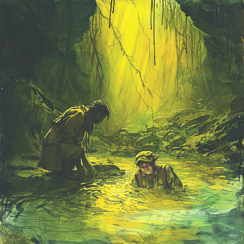 Troll sinking in lake with dwarf boy helping