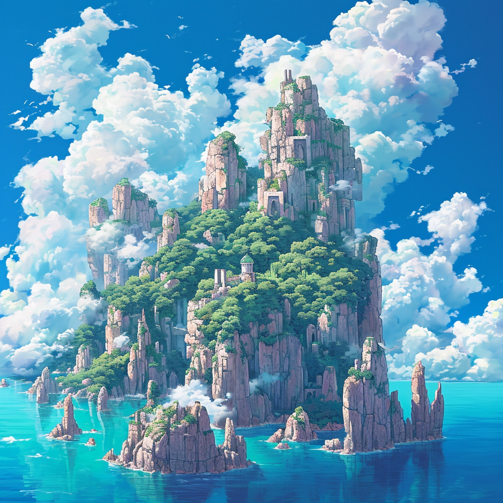 Fairy Tale Island with Sea, Clouds, and Details