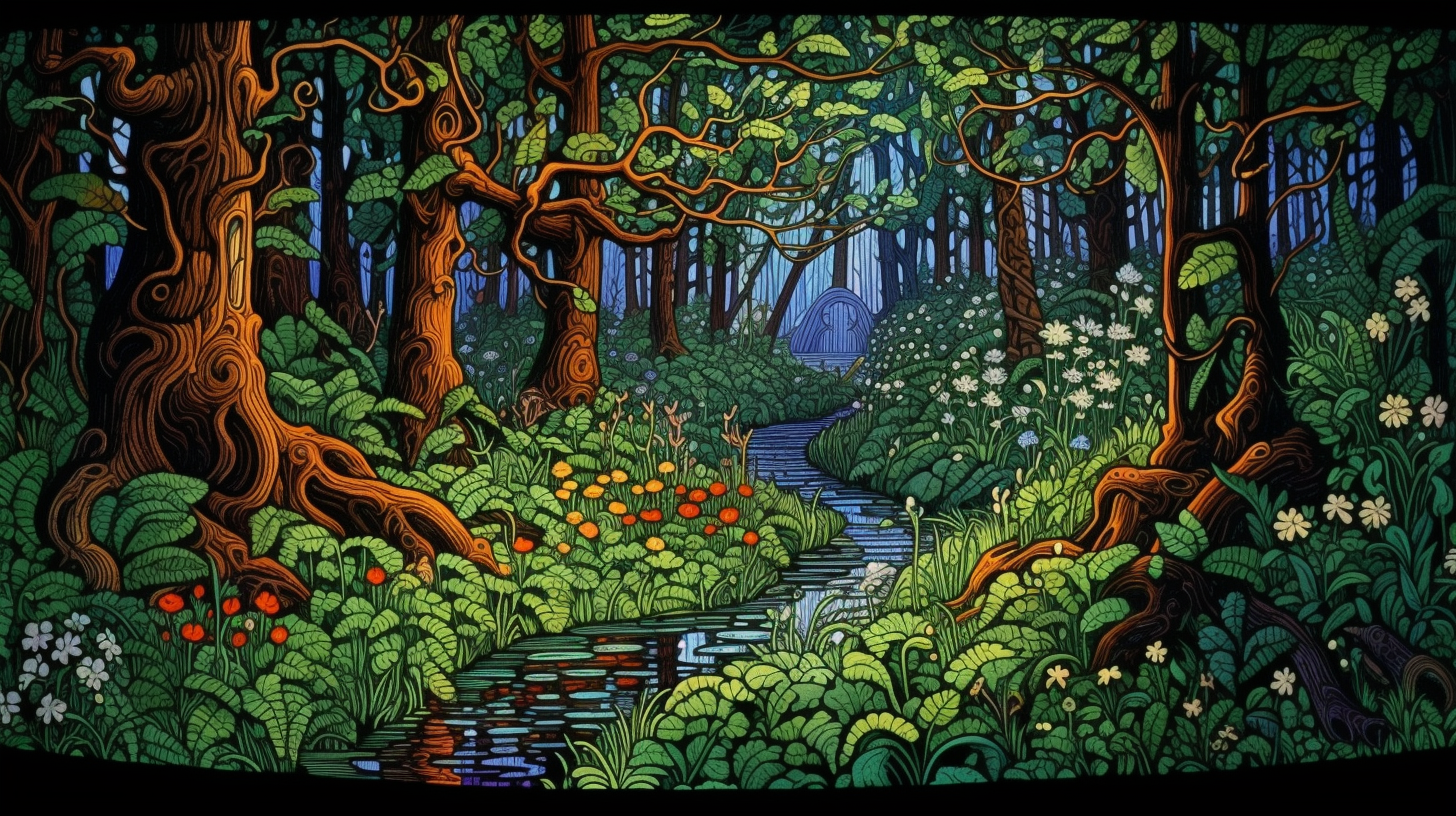 Illustration of mysterious woodwose in deep woods