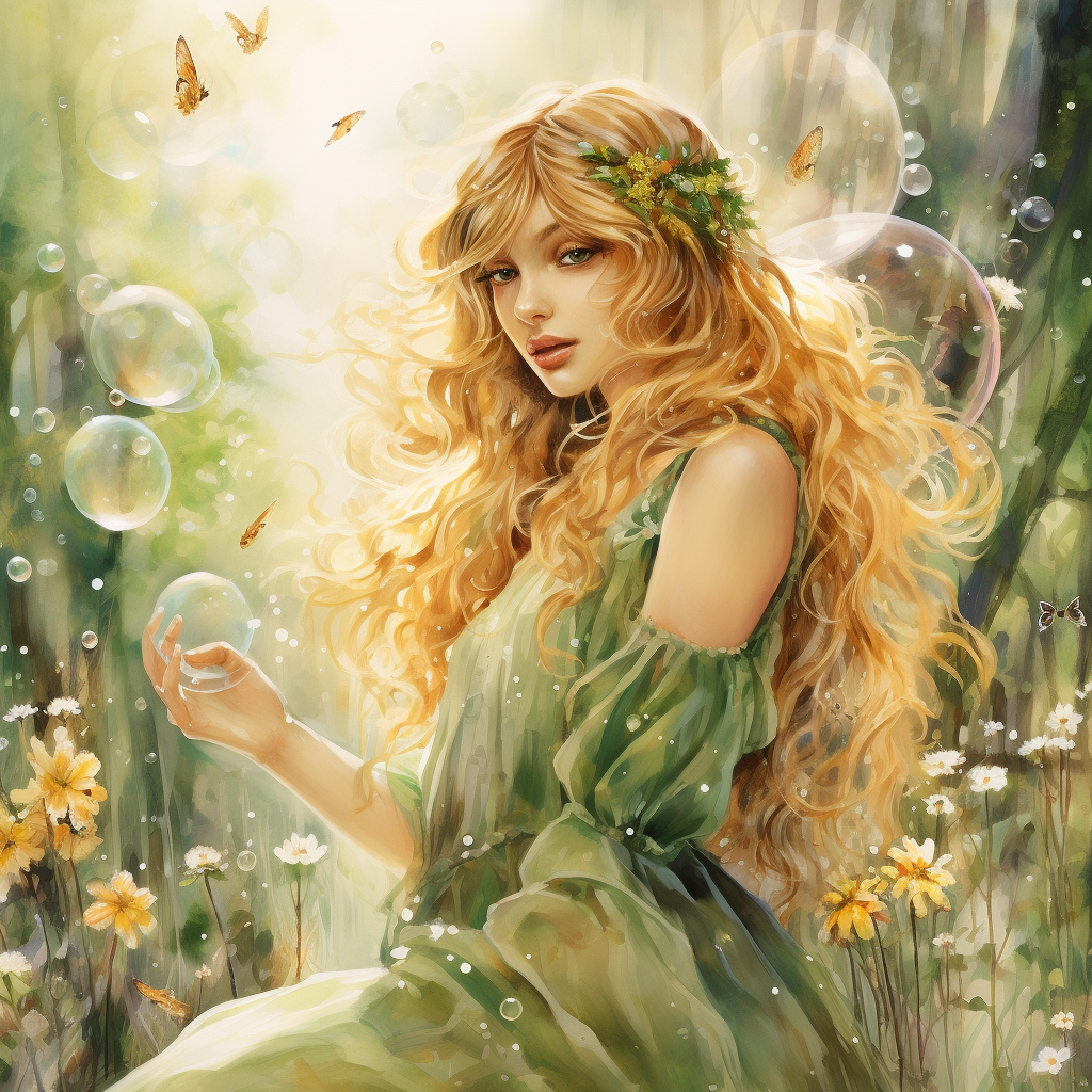 Fairy with flower wreath and bubbles