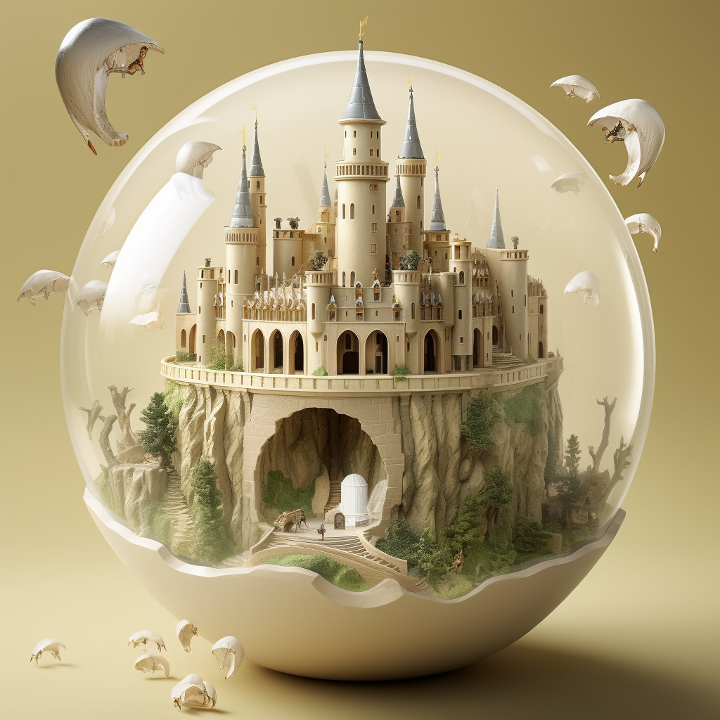 Fairytale castle with wolf and water glass