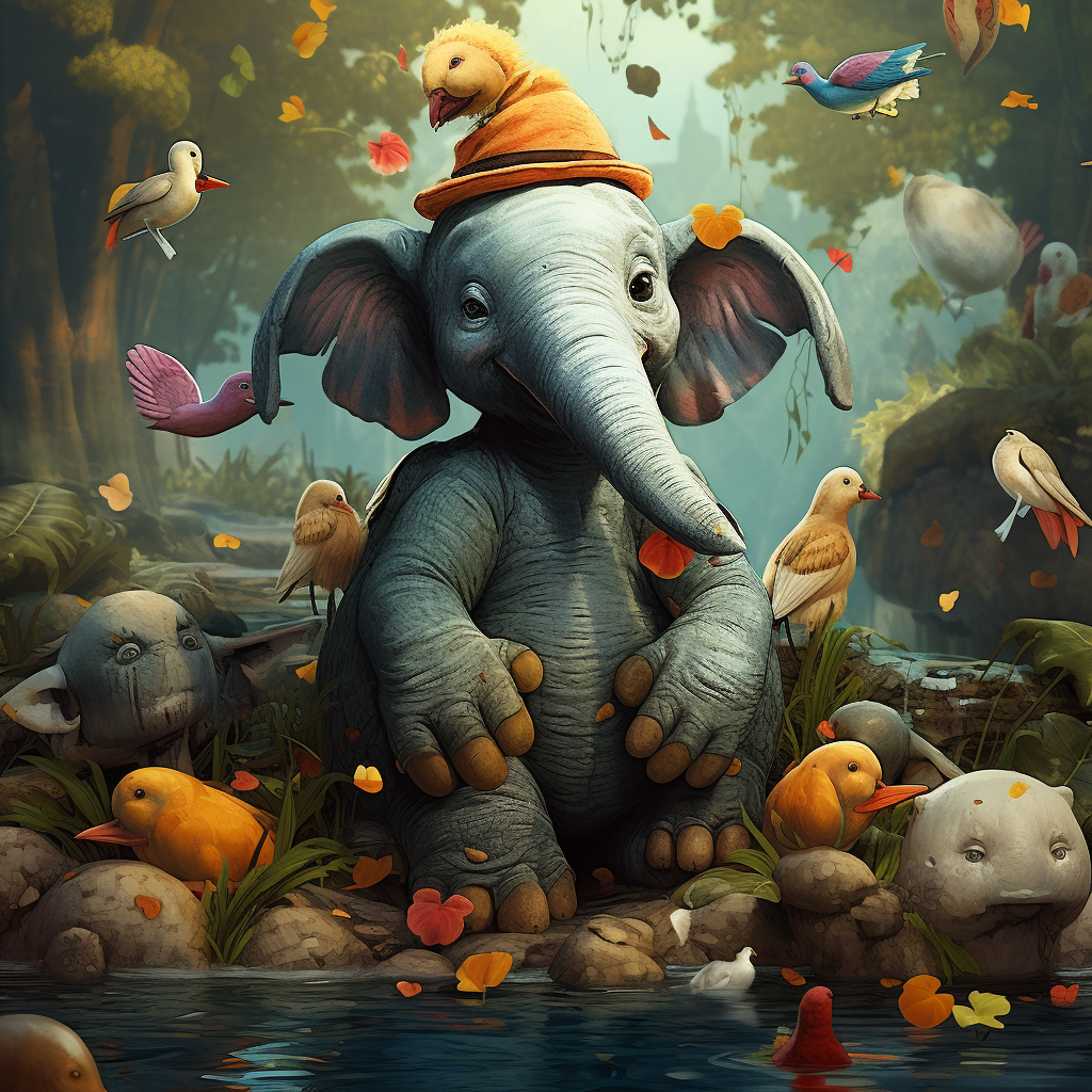 Enchanting fairytale scene with elephant and ducks