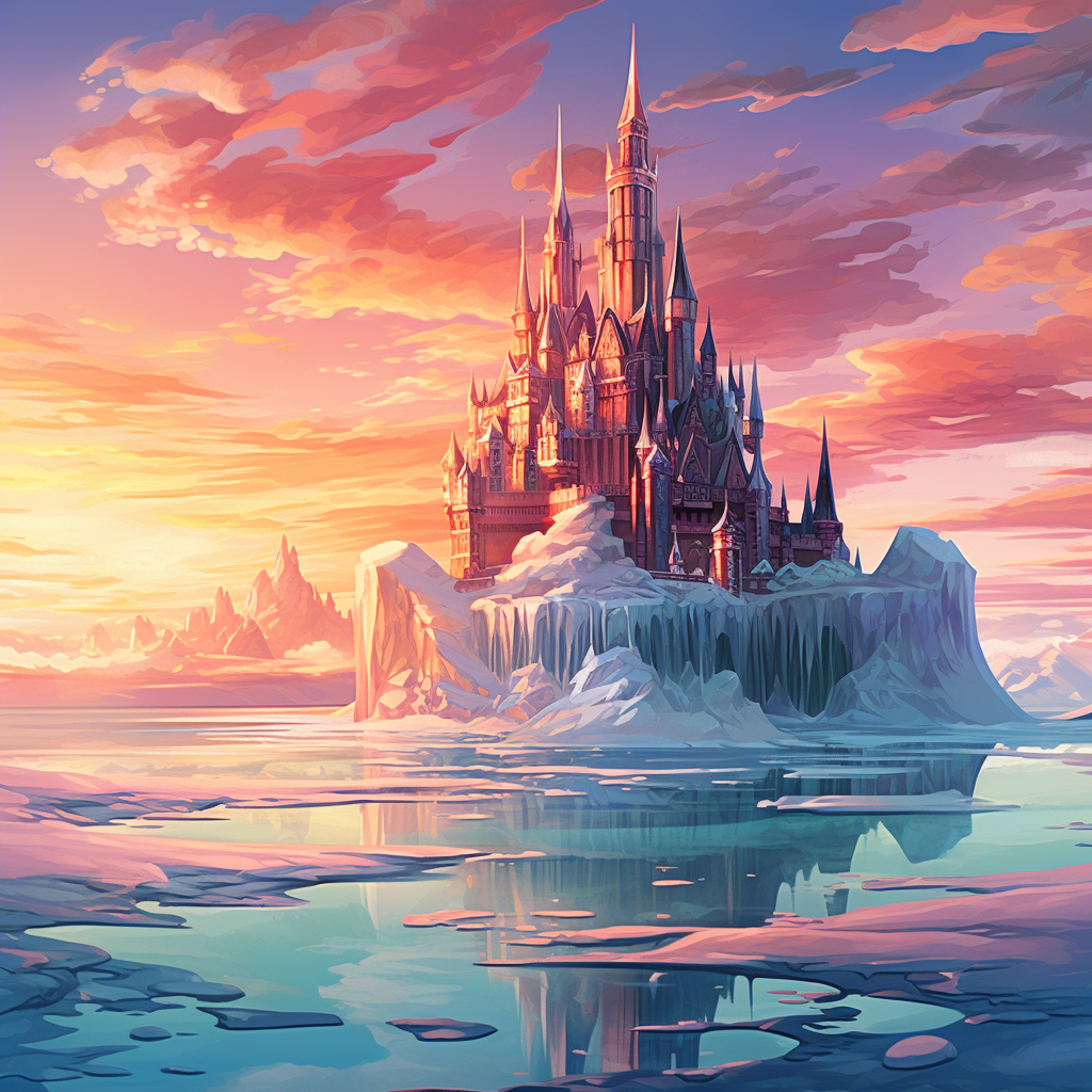 Enchanting ice castle at sunset